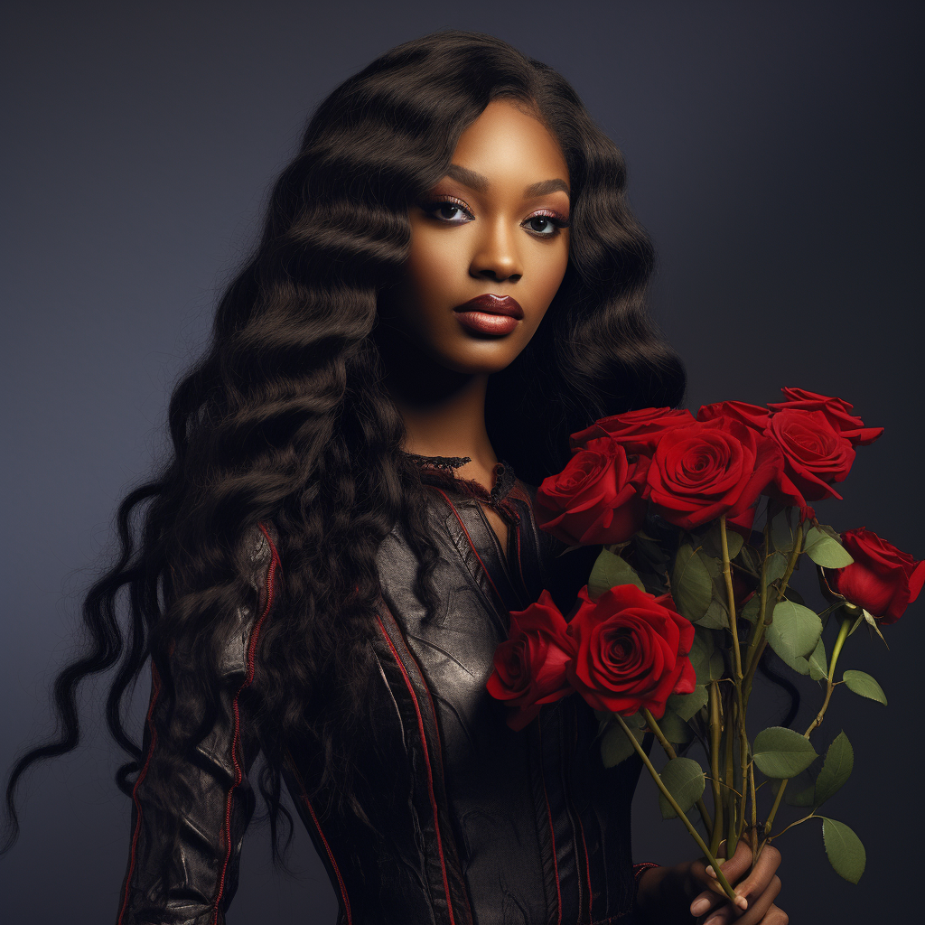 Black woman red roses long hair