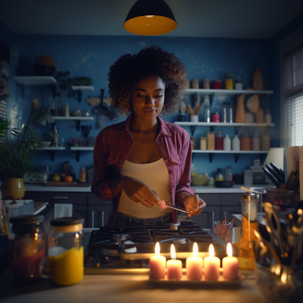 Black woman making candles in a colorful kitchen