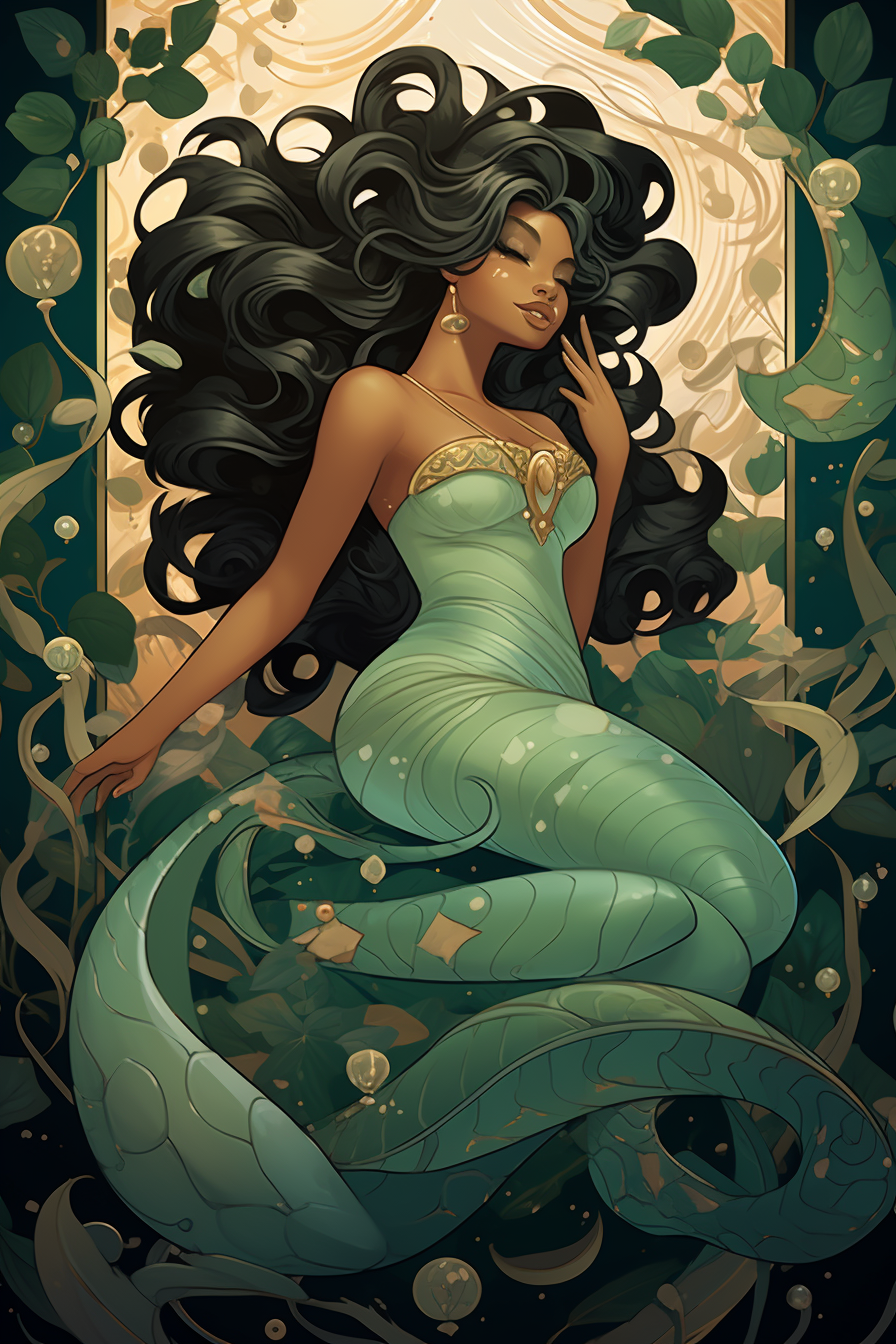 Artistic depiction of a black woman mermaid goddess