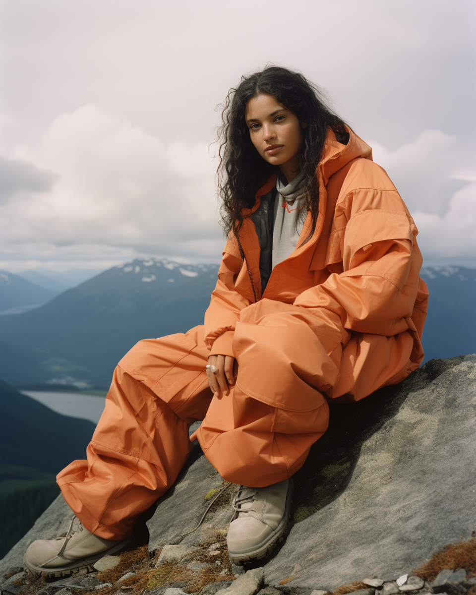 Black woman in Canada Goose streetwear on mountain