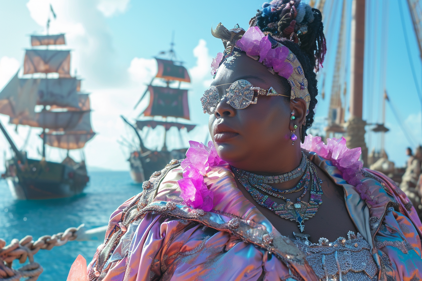 Plus-Size Black Woman on Medieval Pier with Pirate Ships