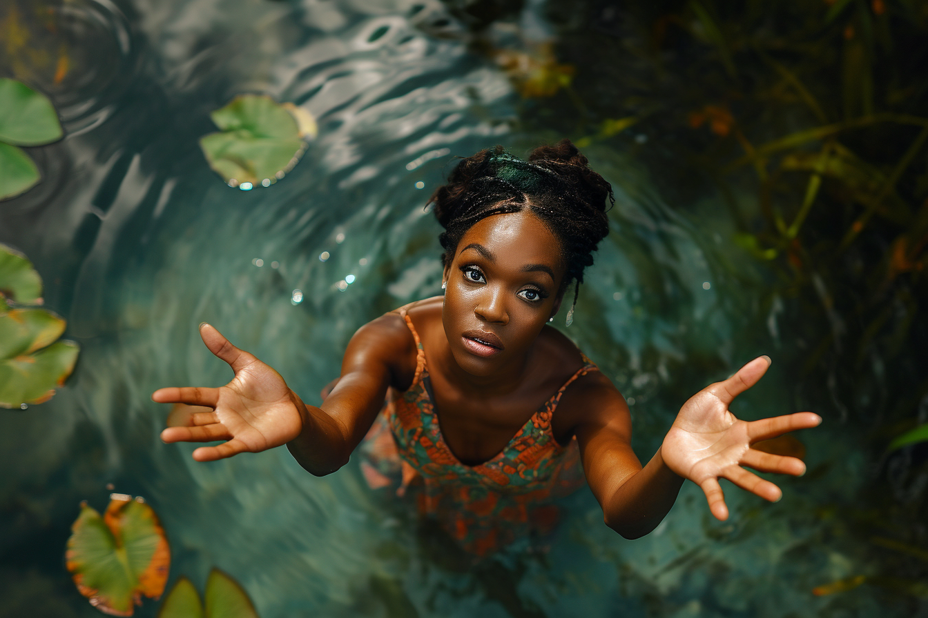 Black woman with open hands in aquarium dress