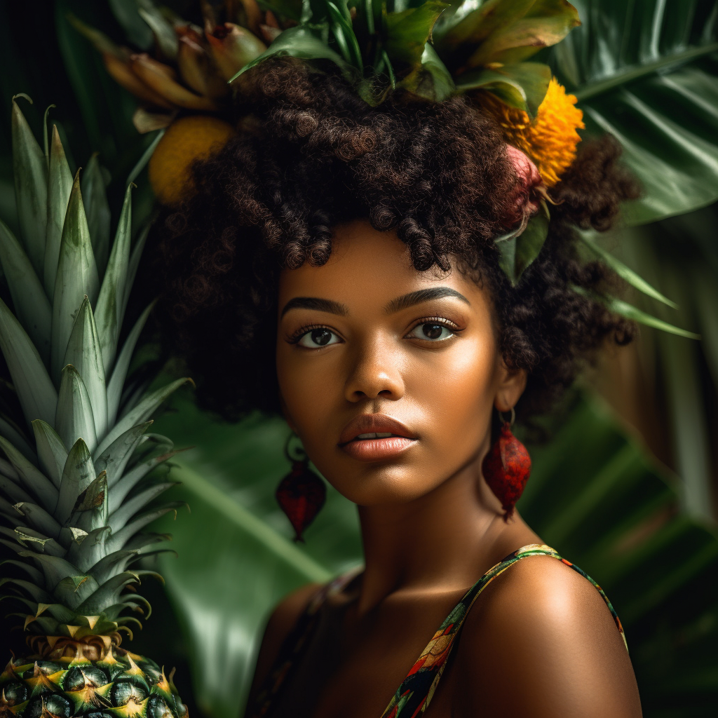 Black woman with pineapple leaves hair