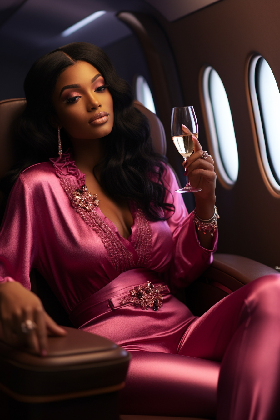 Confident black woman on pink private jet