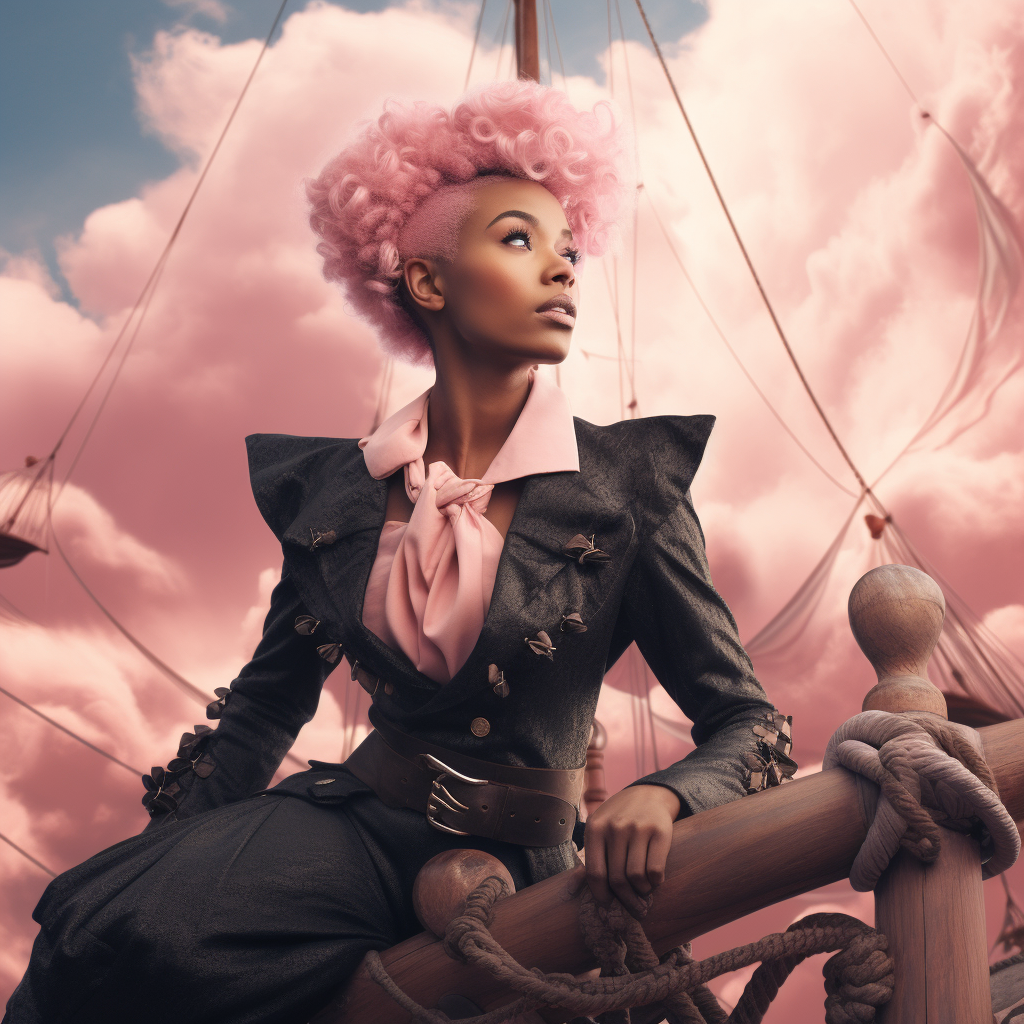 Black woman with pink pixie haircut in pirate suit on pirate ship in the sky