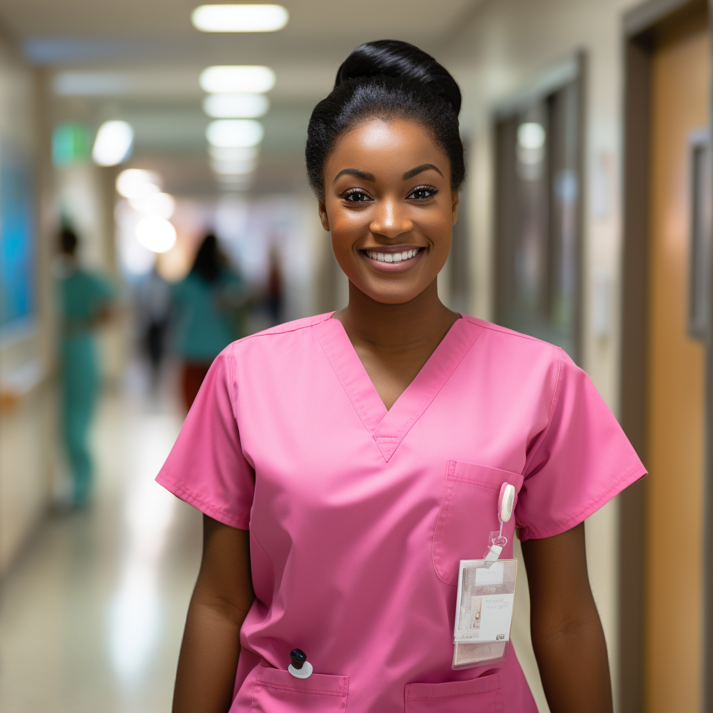 Black woman in pink scrubs smiling