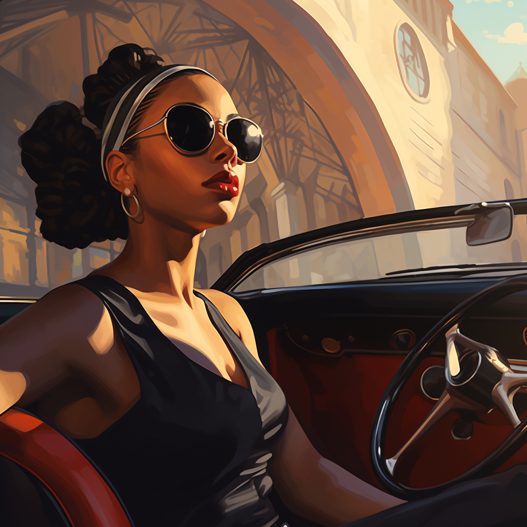 Black woman driving Porsche with scarf and sunglasses