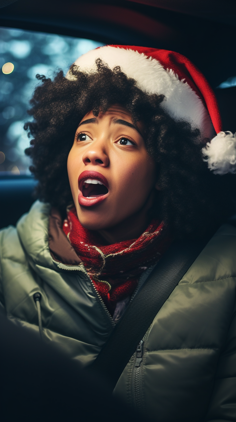 Black woman rapping in car with Santa hat