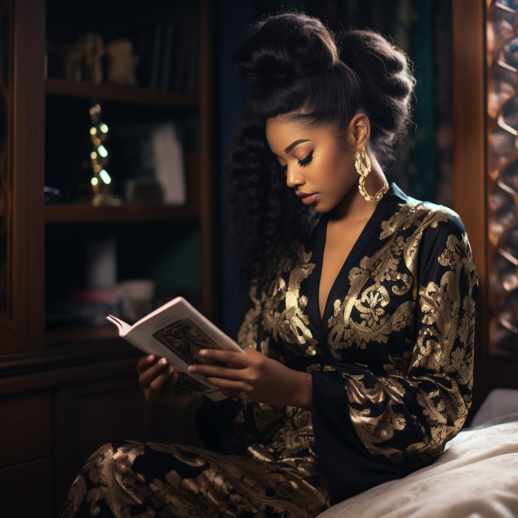 Black woman reading Bible in silk pajamas