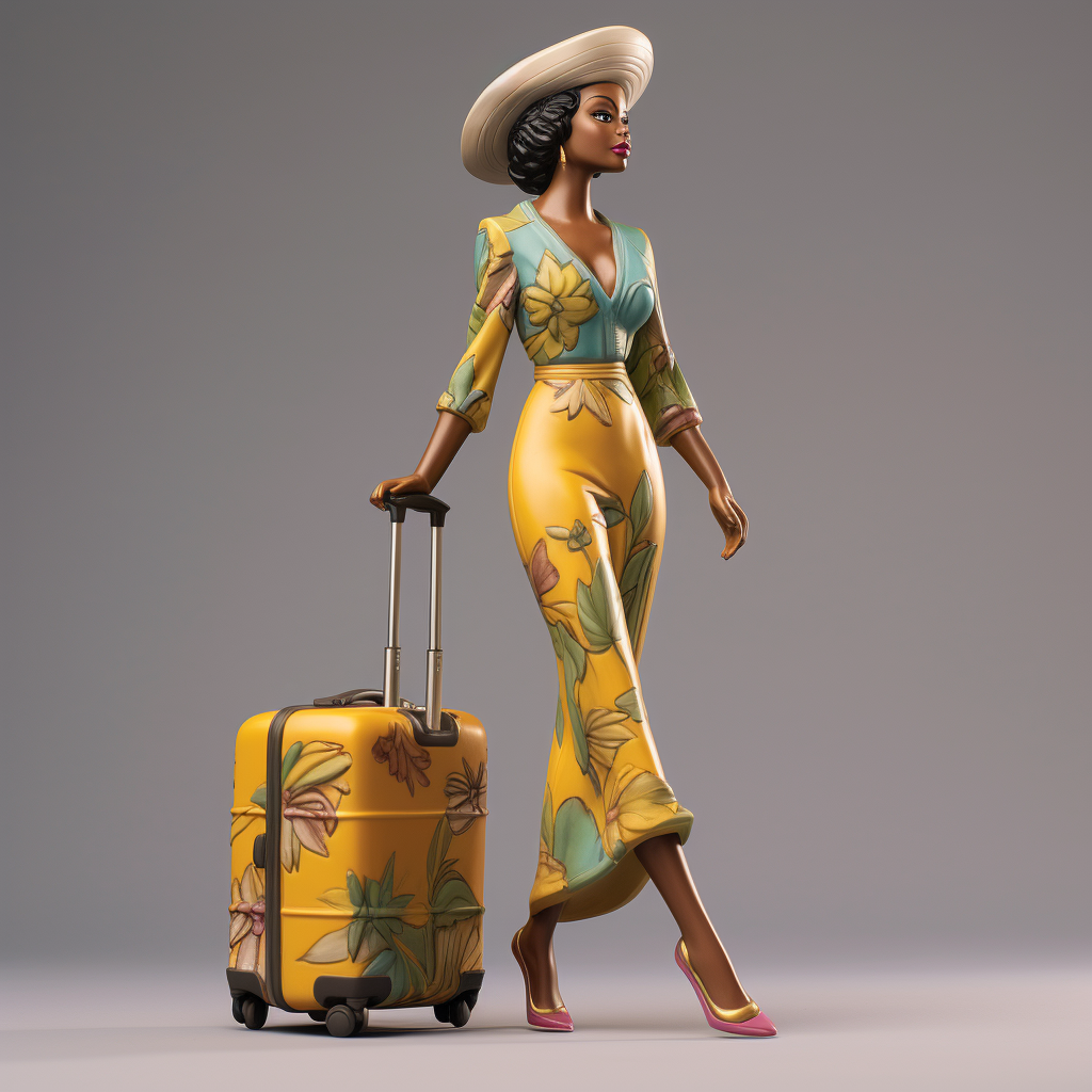 Realistic black woman figurine walking with carry-on luggage