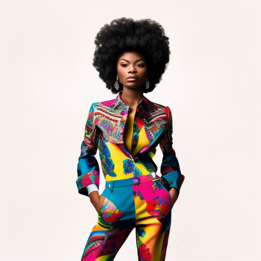 Beautiful black woman in colorful pants suit with short afro