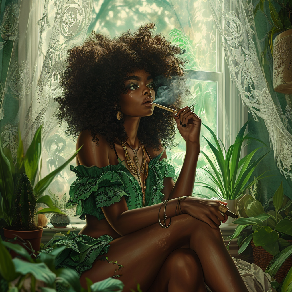 Black woman with afro smoking in bedroom surrounded by plants and lace curtains