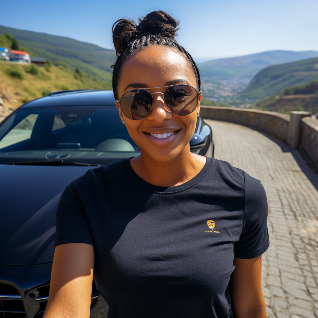 black woman selfie with Porsche Cayenne