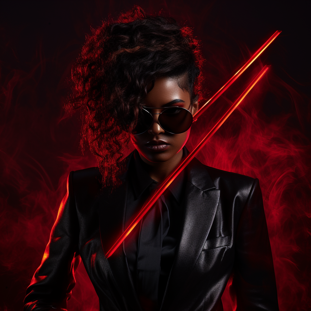 Black woman with knives in stylish suit