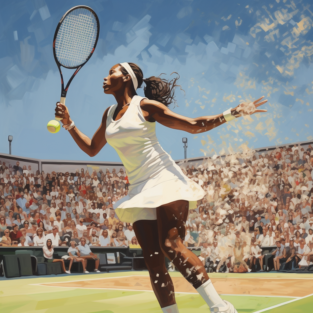 Black woman tennis player smashing ball at Wimbledon