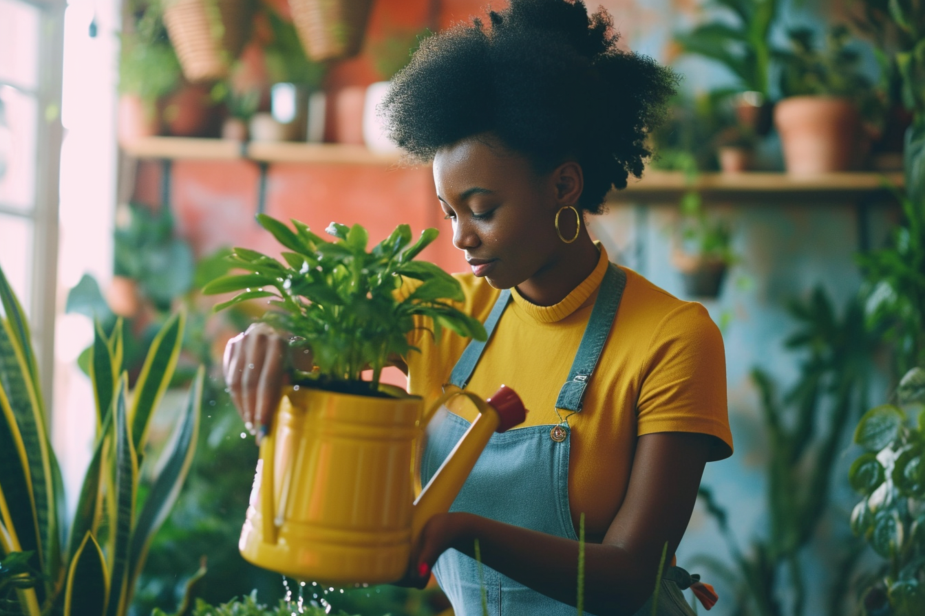 Black woman watering plant garden