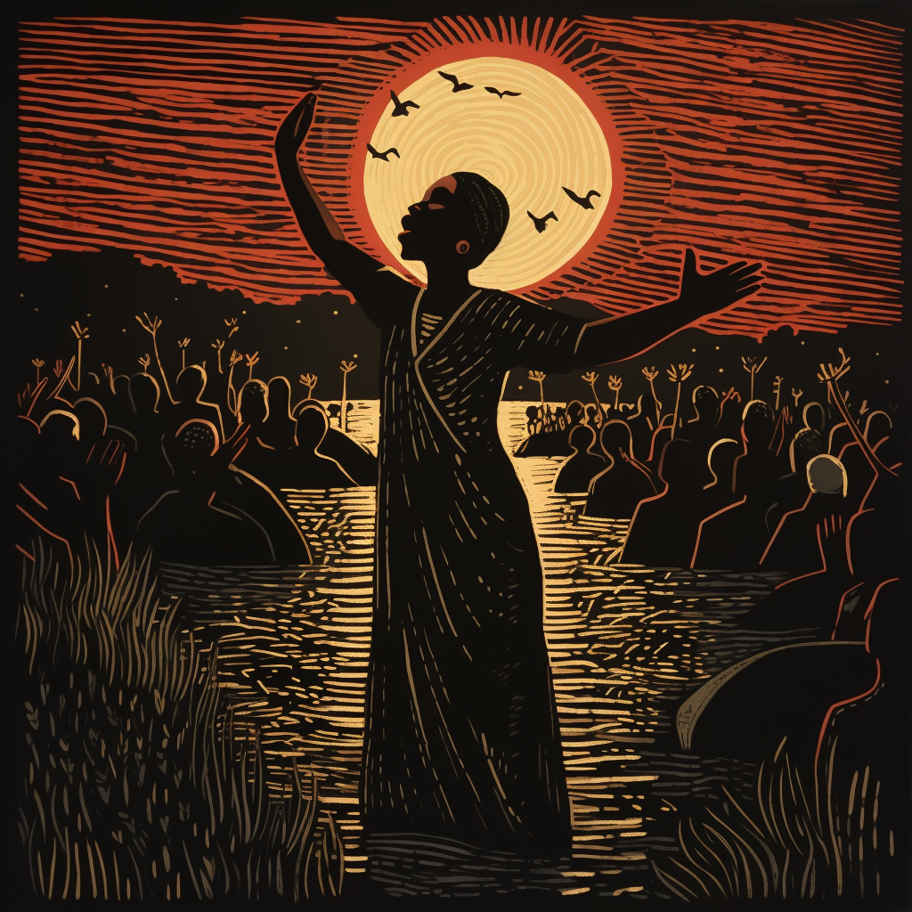 Woodcut print of a black woman singing to a group of people in a marsh at night