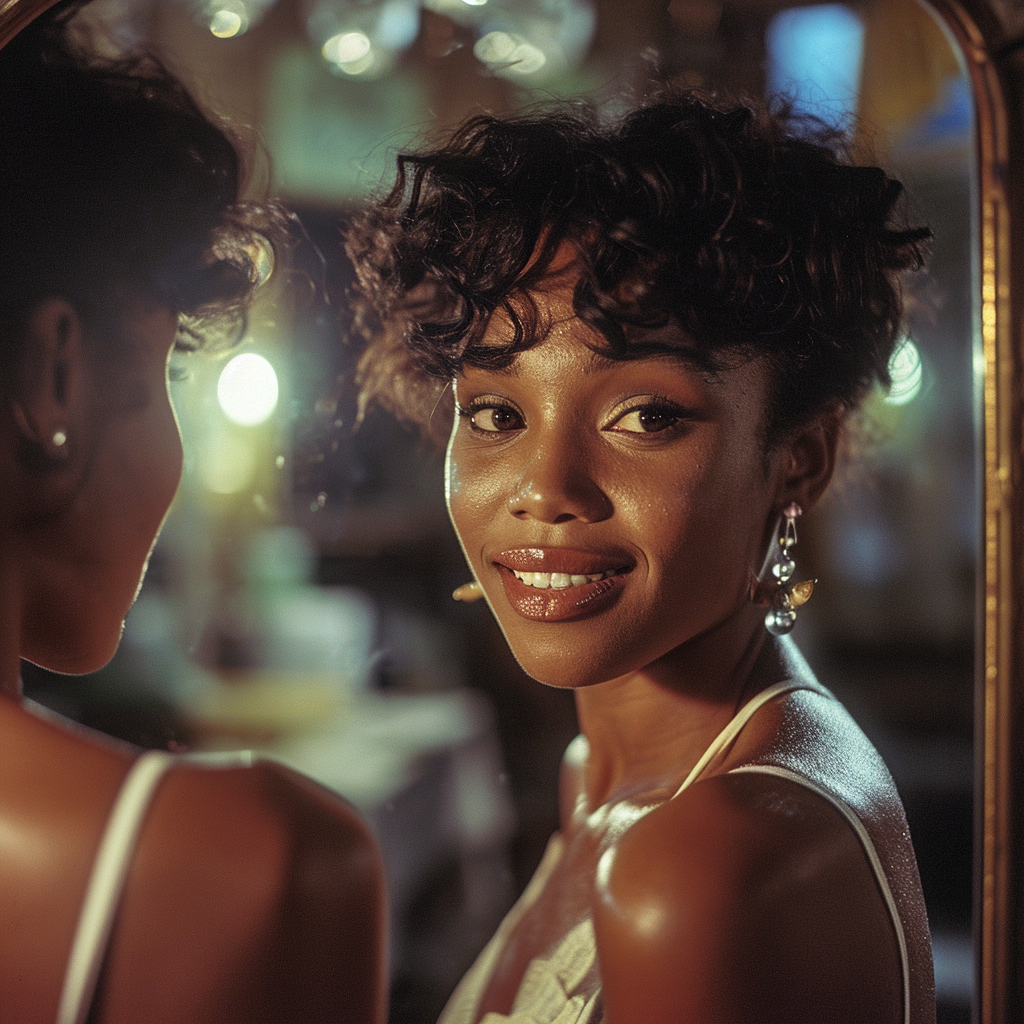 Happy young woman in the mirror