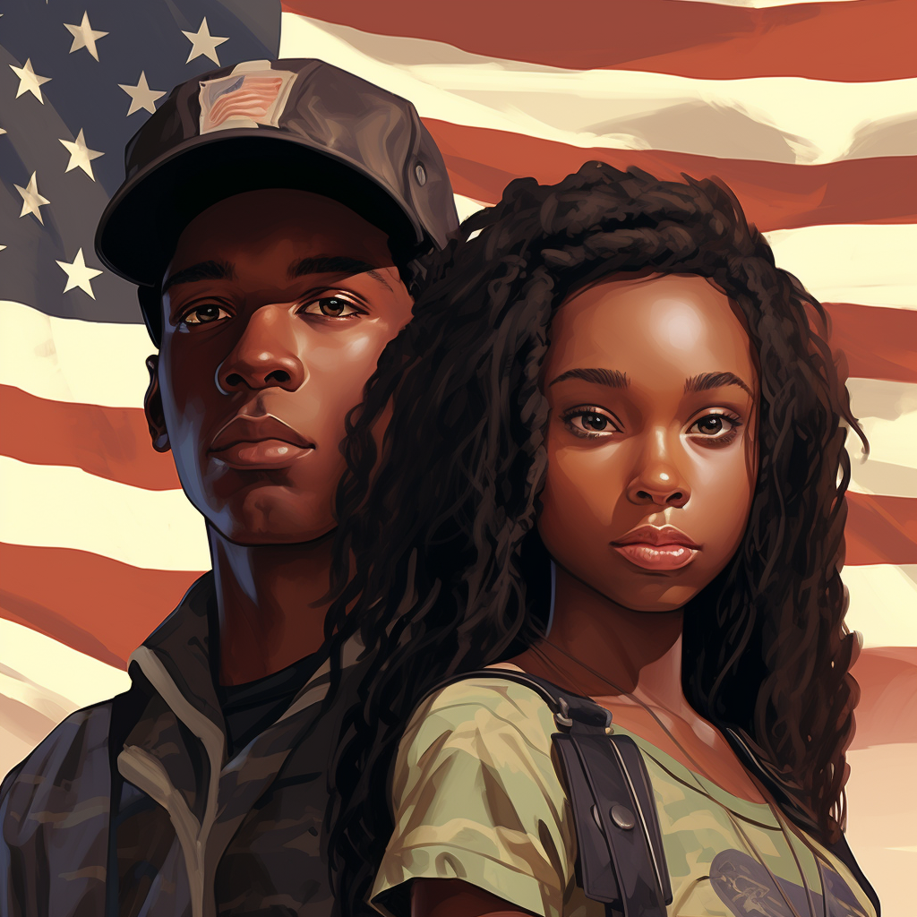 Black American Younger Boy and Girl with Flag Cartoon