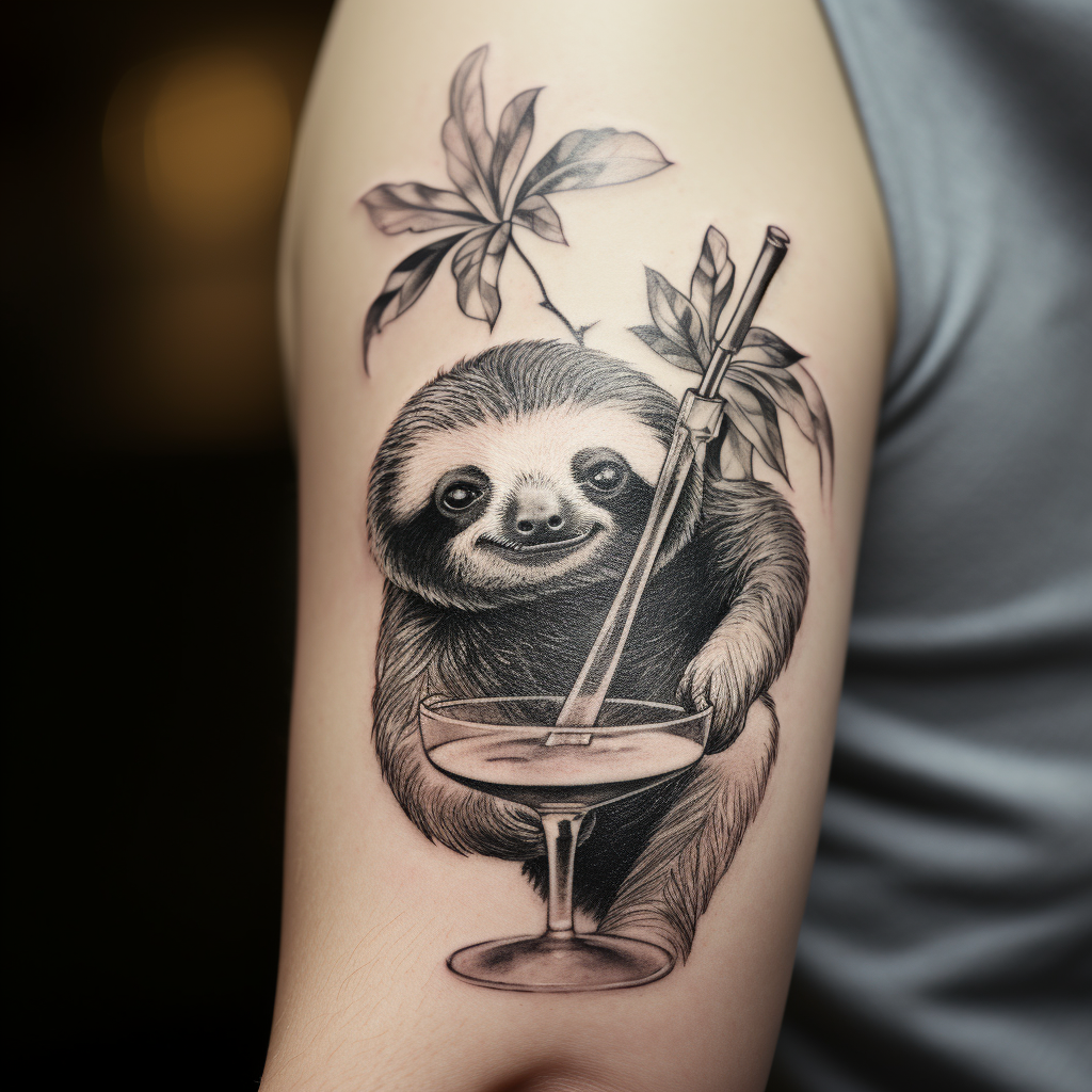 Realistic sloth hanging in tree with martini