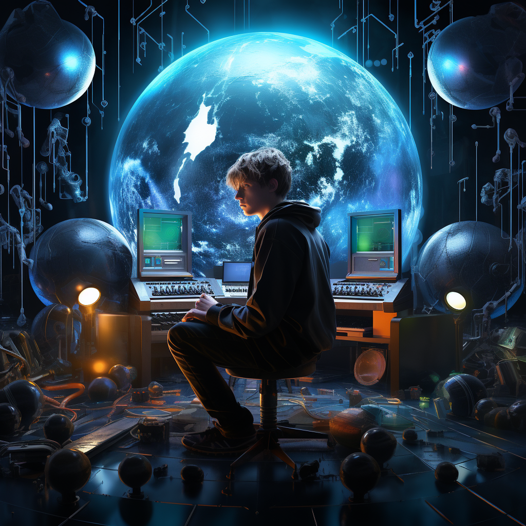 Young man with crystal ball and synthesizers