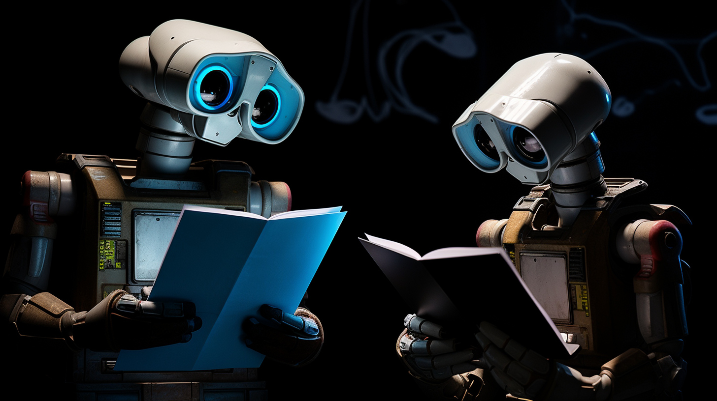 Two robots holding clipboards