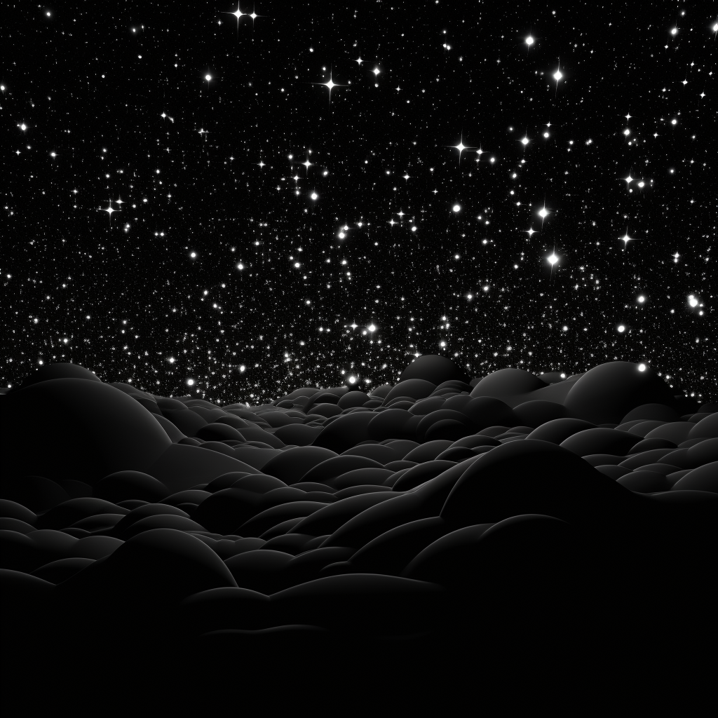 Black background with white stars in a cartoon dreamscape