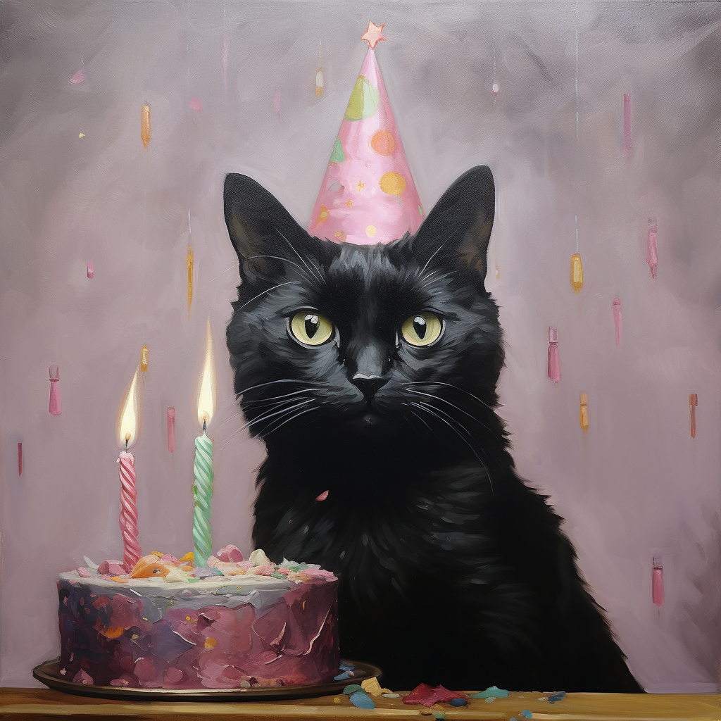 Adorable black cat with party hat and cake