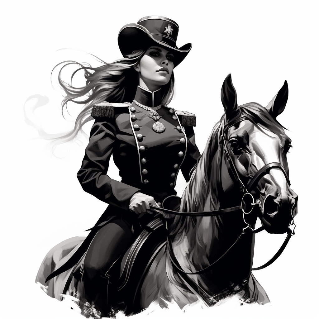 Woman riding a horse in black colonel uniform