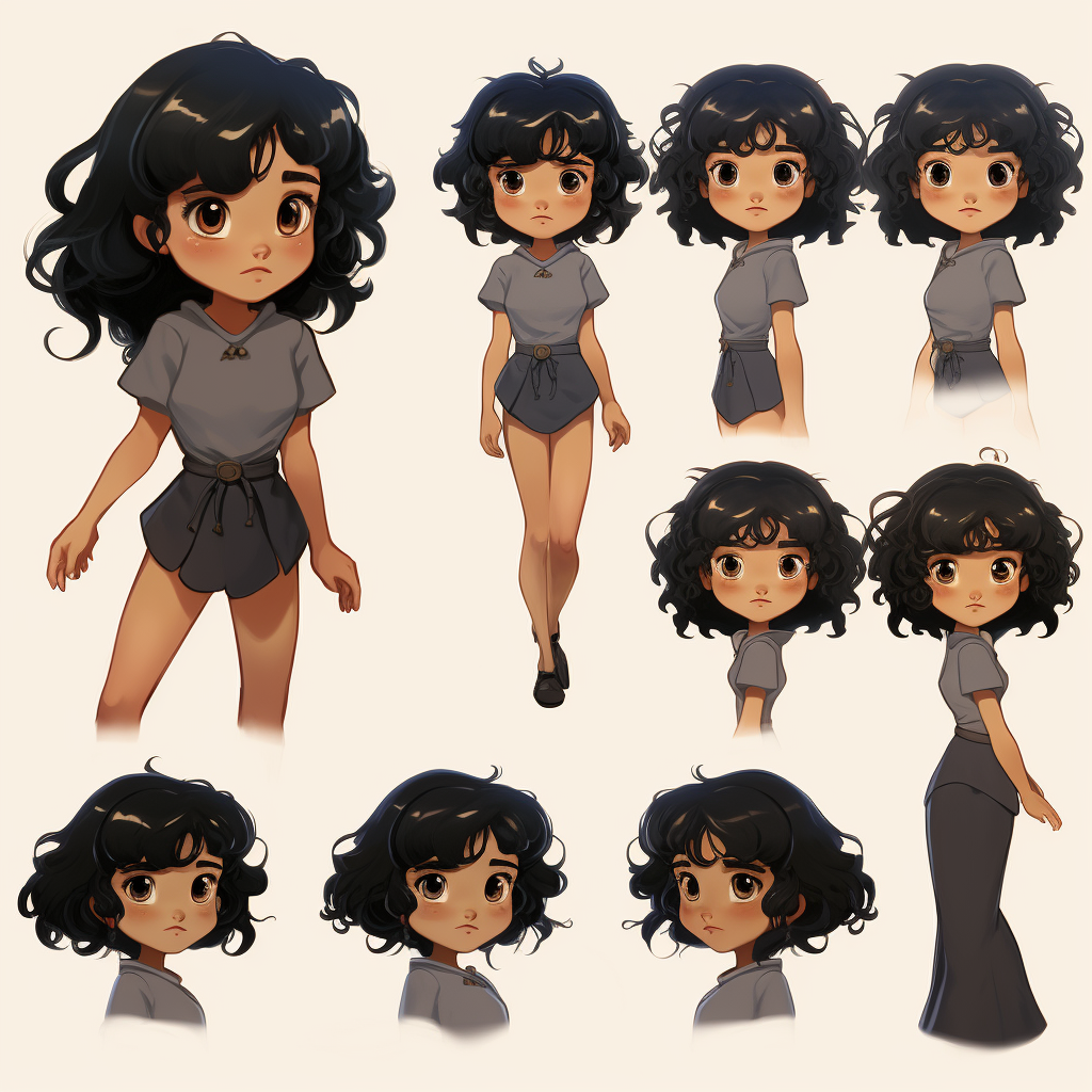 Character sheet of a beautiful girl with black curly hair and brown eyes