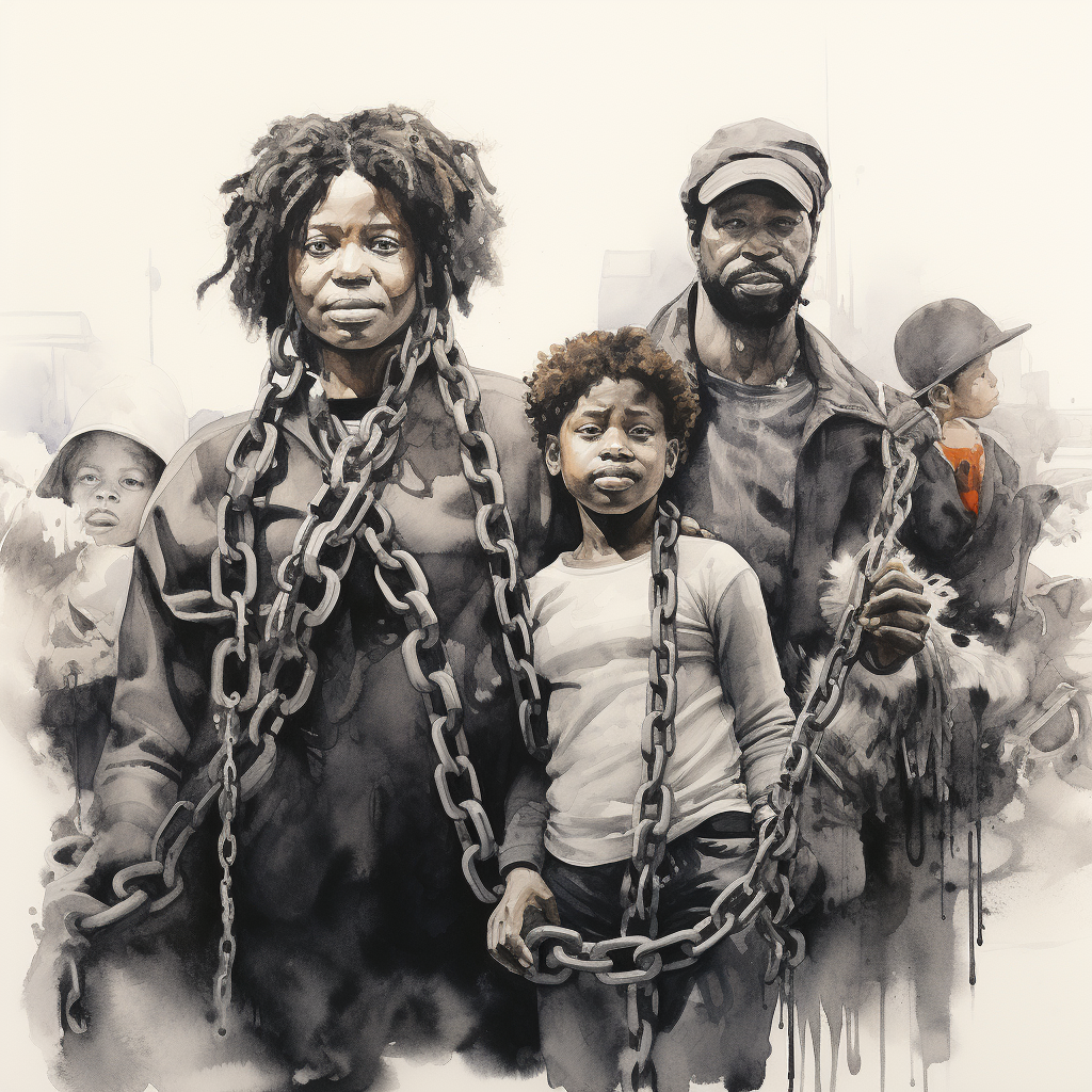 Black family breaking chains in watercolor