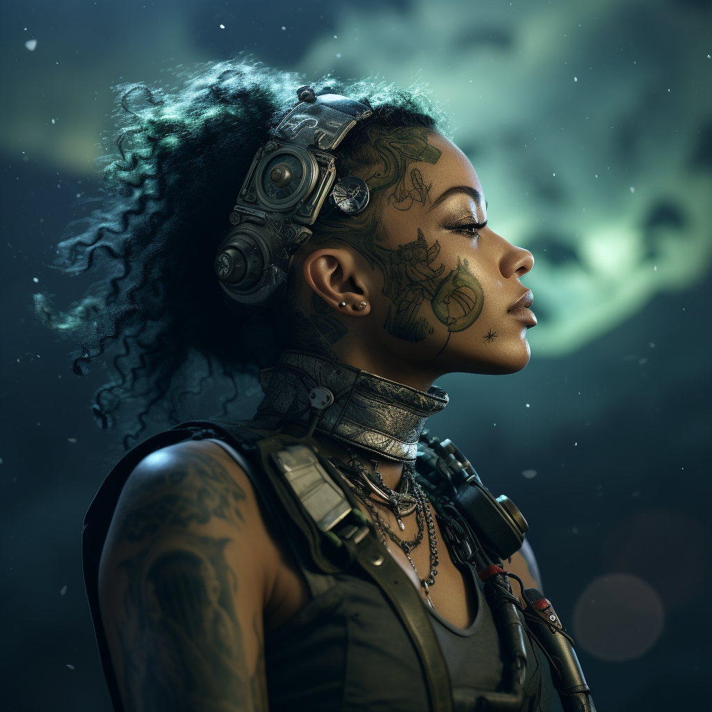 Black female space adventurer with tattoos and green eyes