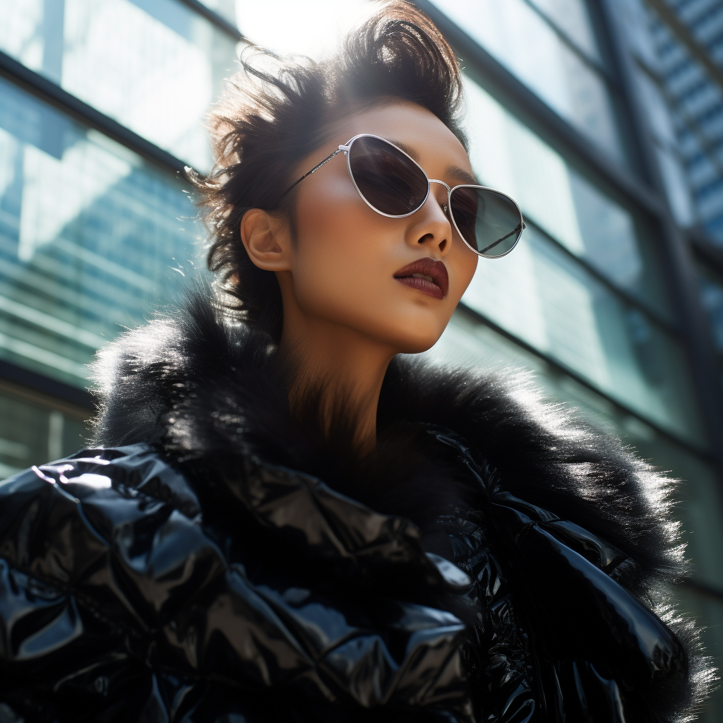 Asian woman in black fur robe