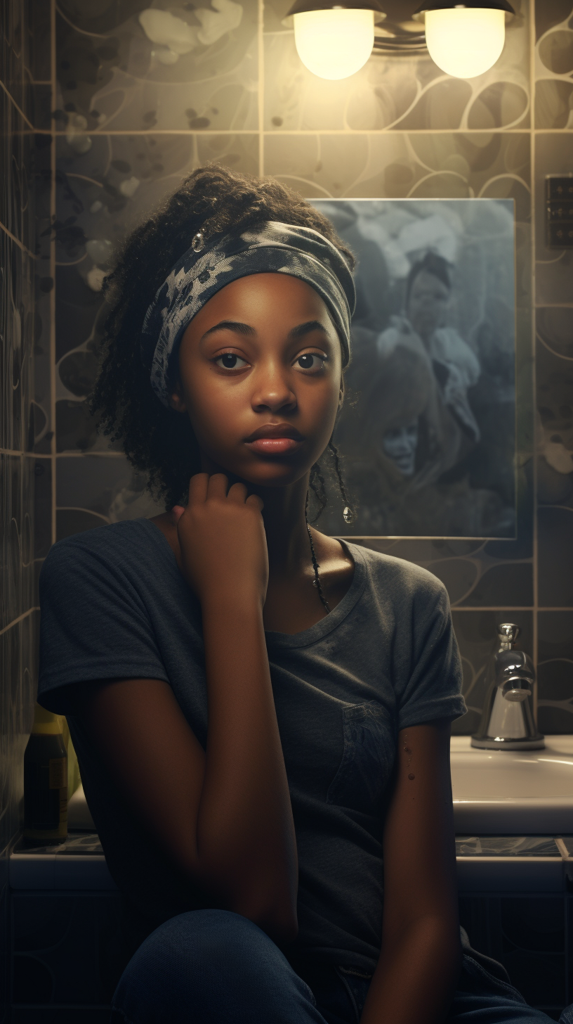 Natural and expressive black girl in bathroom