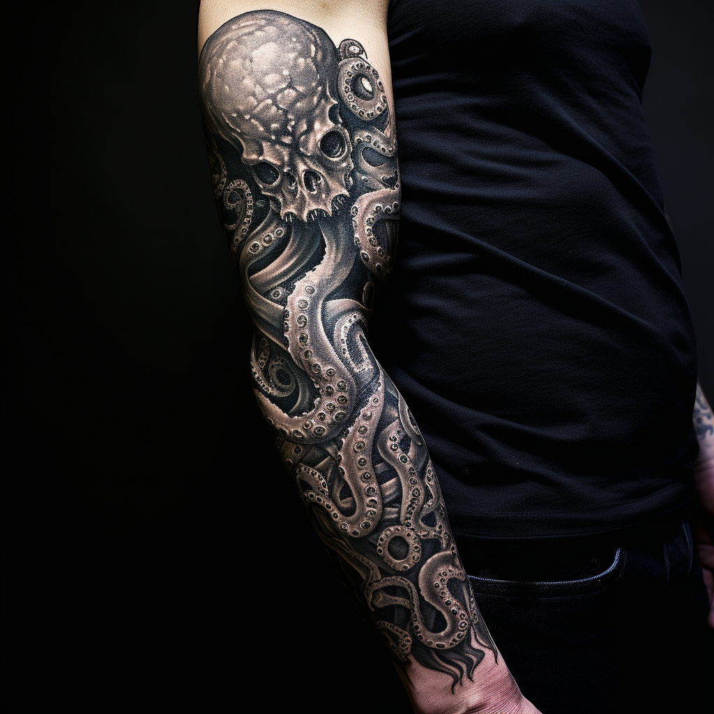 Black and grey octopus arm tattoo