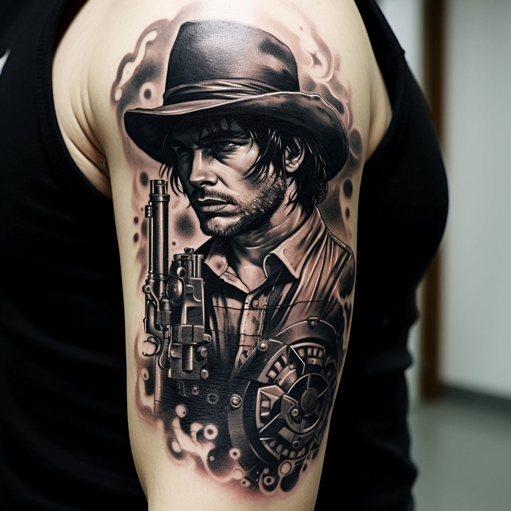 Revolver tattoo in black and grey