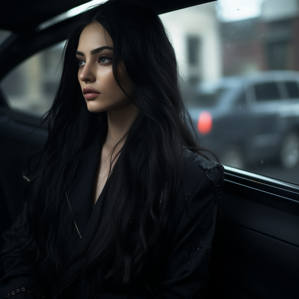 Stylish woman in black trench coat sitting in car