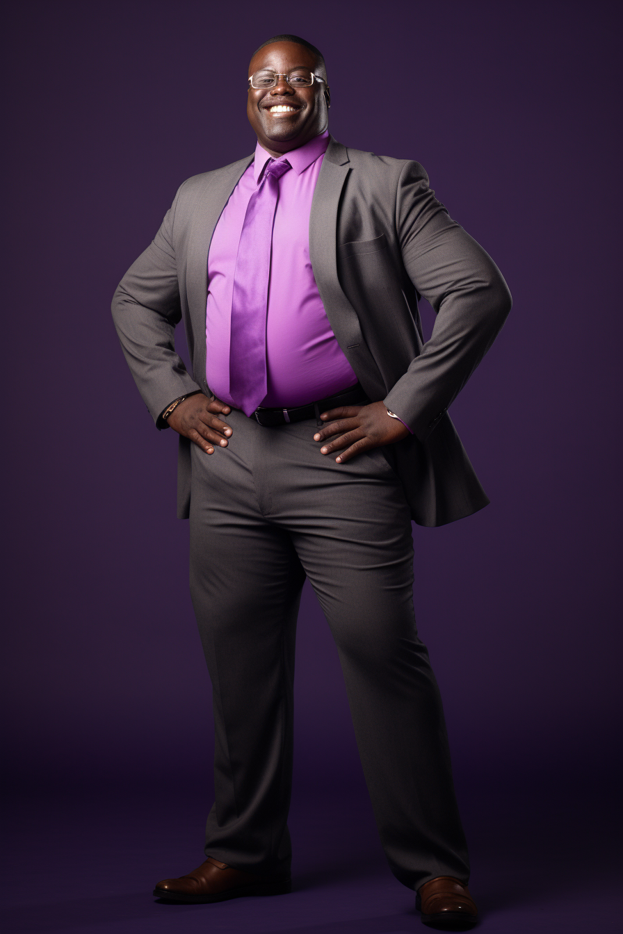 Smiling black high school principal in purple clothing