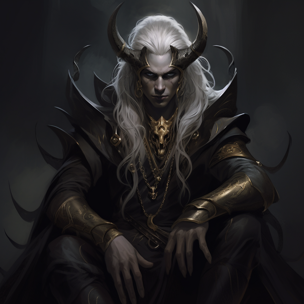 Noble tiefling with silver hair and adorned horns