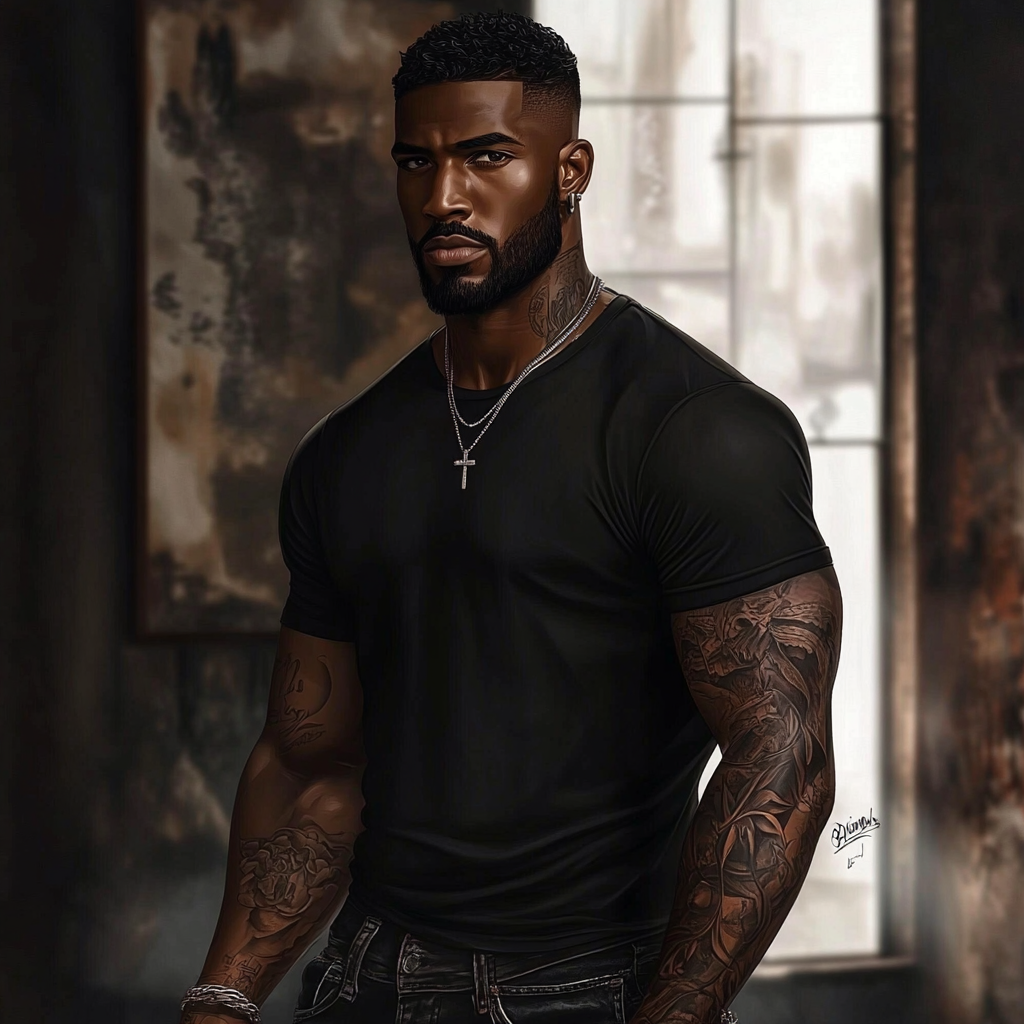 Dark-skinned man with tattoos