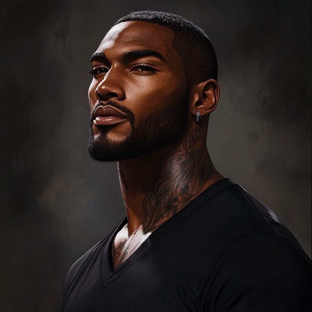 Tall athletic black man with tattoos