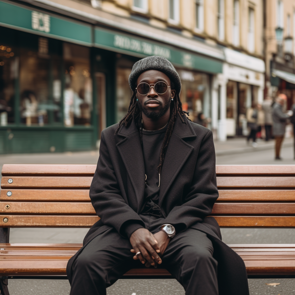 Black man enjoying city view from park bench