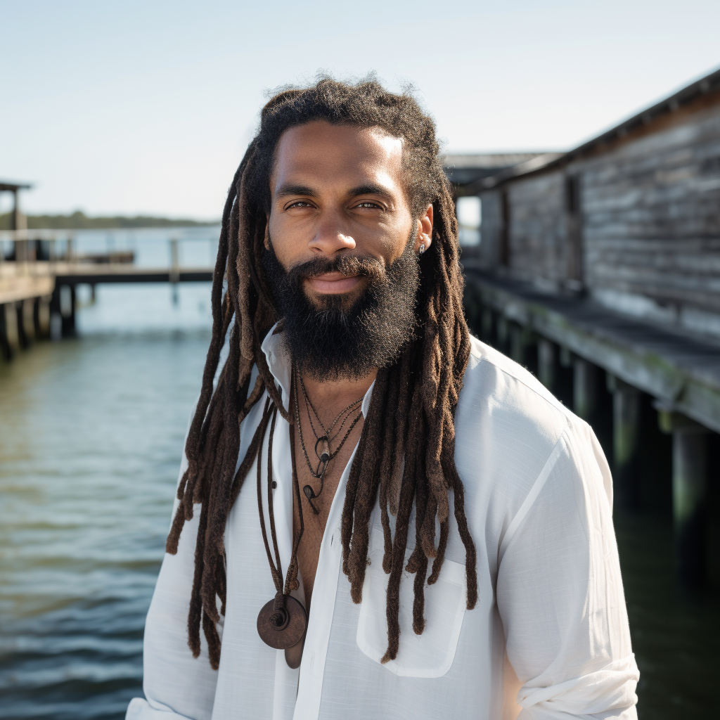 Black man with beard and dreadlocks at beach dock