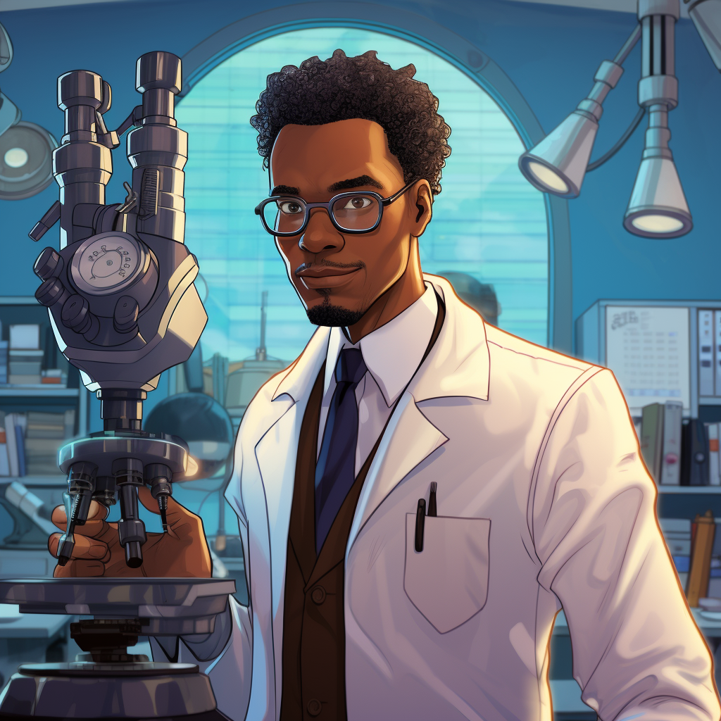 Black professor in white lab coat holding microscope