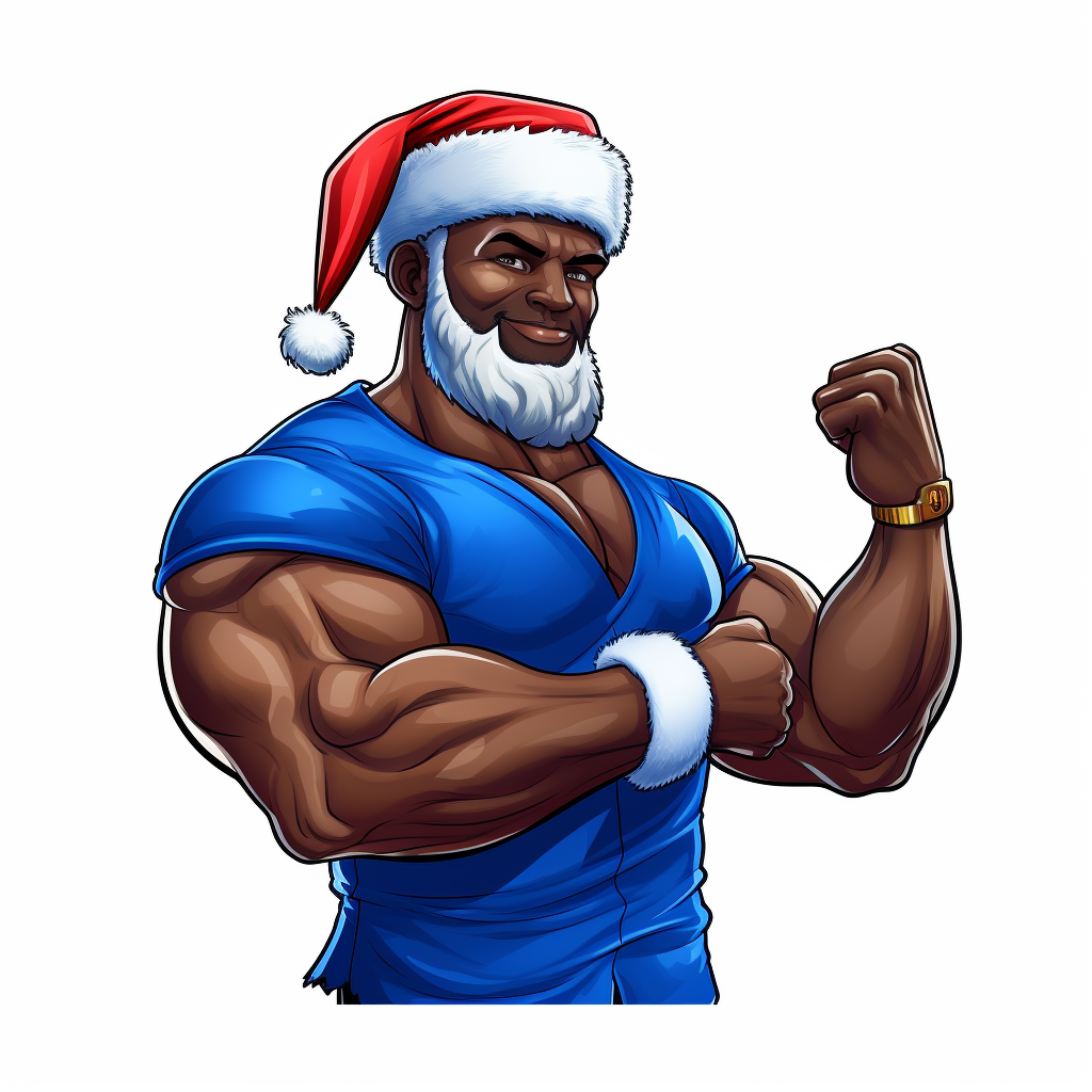 Muscular black Santa in royal blue attire