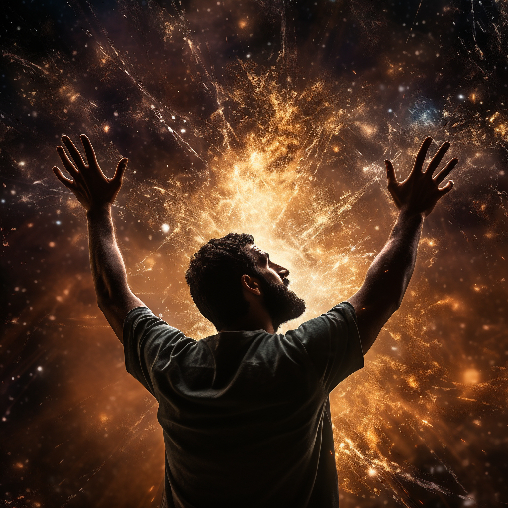 Kuwaiti man raising hand in black sparks background