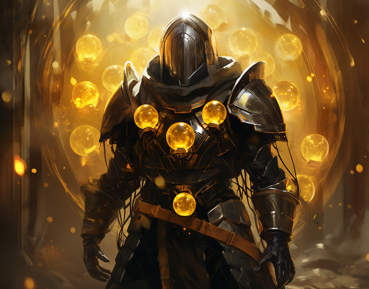 Fantasy illustration of black steel armor with spinning yellow orbs.