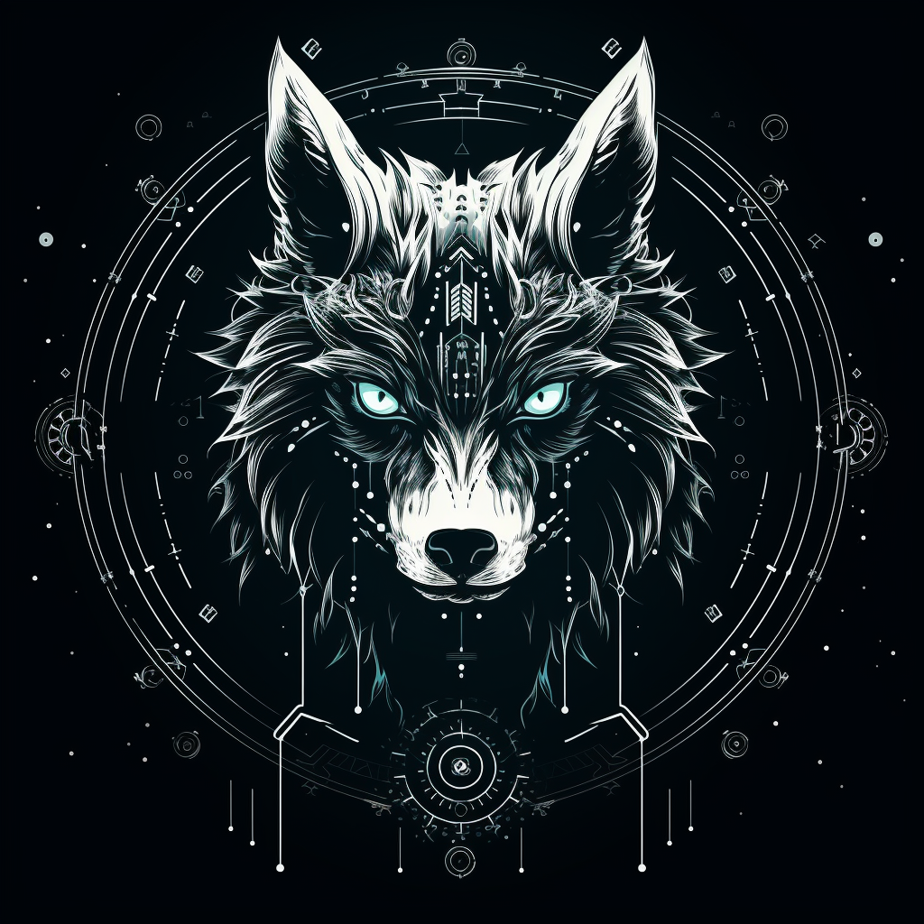 Black and white angry skull with wolf and circles