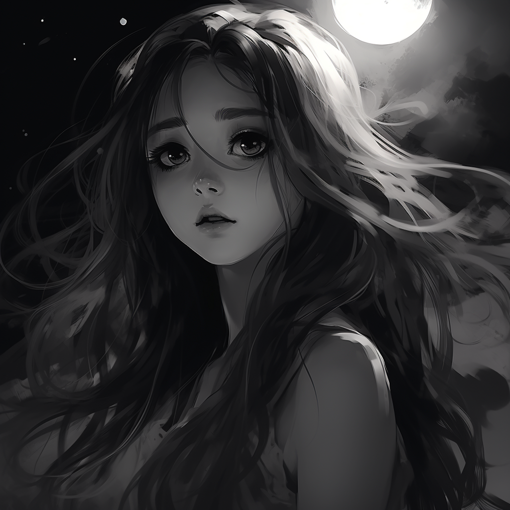 Black and White Anime Girl with Long Hair