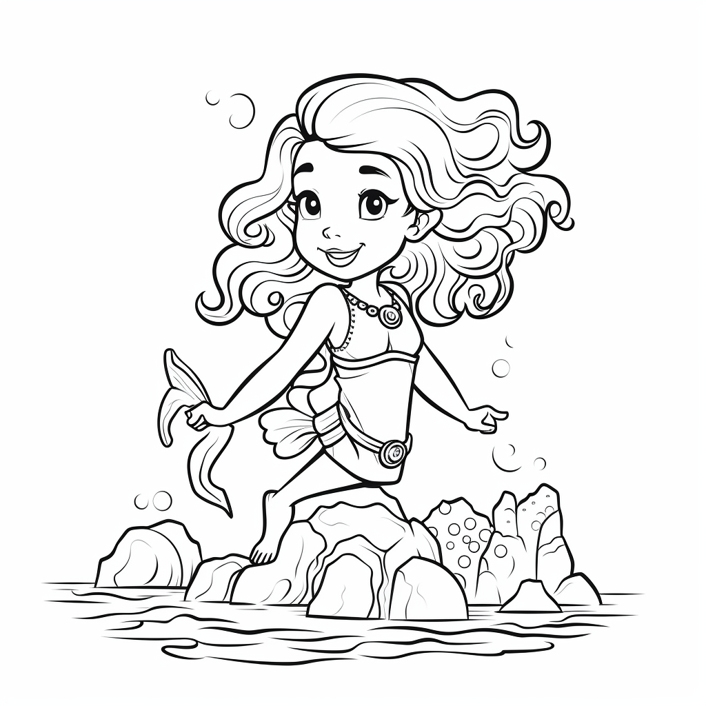 Simple cartoon girl mermaid on rock in ocean